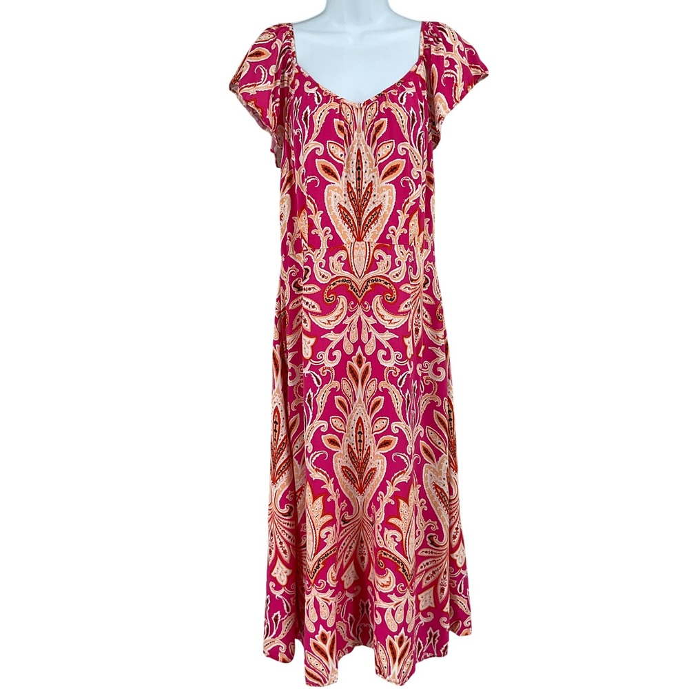 Loft Maxi Dress Womens 10 Pink Paisley Boho Classic Flutter Sleeve V-Neck Office